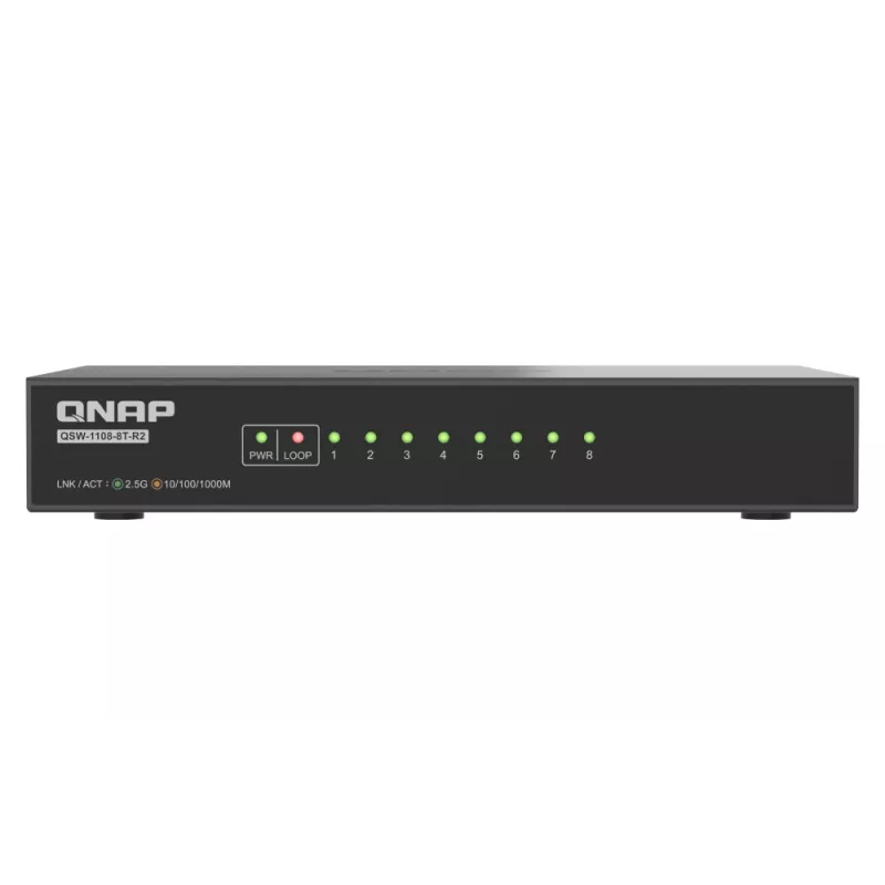 QNAP QSW-1108-8T-R2 μη διαχειριζόμενο switch δικτύου, 8x 2,5GbE RJ45 (10/100/1000/2500 Mbps), επιτραπέζιο, χωρίς ανεμιστήρα, μαύρο-γκρι