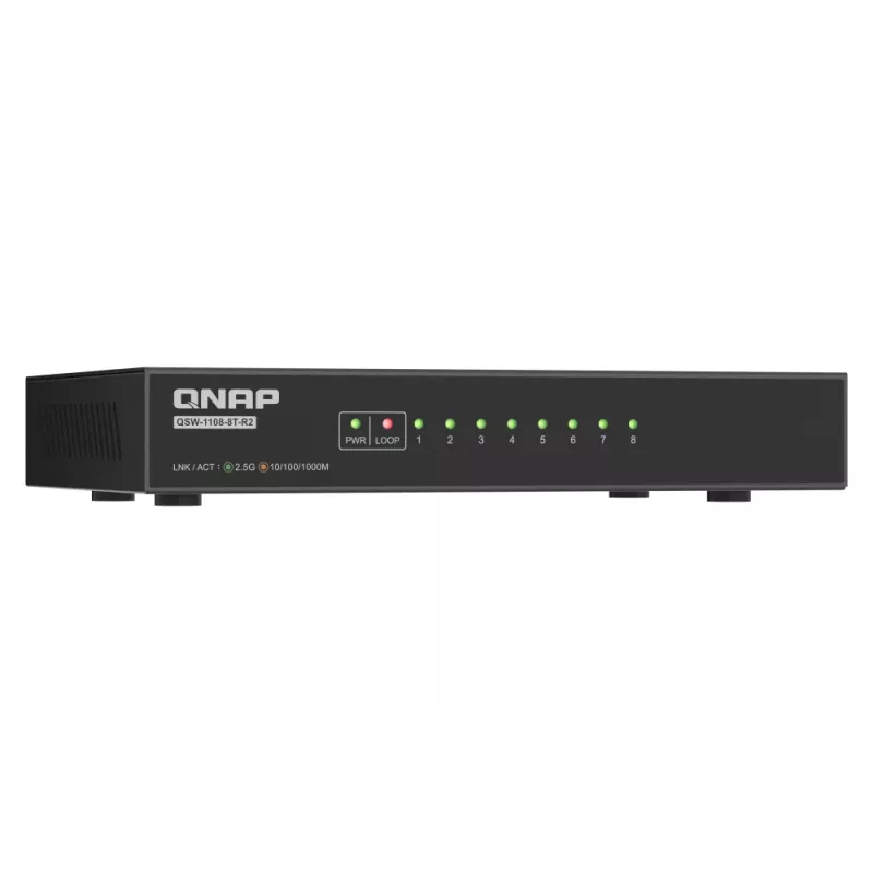 QNAP QSW-1108-8T-R2 μη διαχειριζόμενο switch δικτύου, 8x 2,5GbE RJ45 (10/100/1000/2500 Mbps), επιτραπέζιο, χωρίς ανεμιστήρα, μαύρο-γκρι