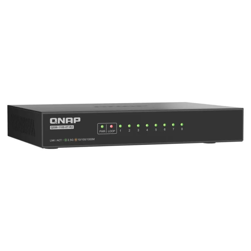 QNAP QSW-1108-8T-R2 μη διαχειριζόμενο switch δικτύου, 8x 2,5GbE RJ45 (10/100/1000/2500 Mbps), επιτραπέζιο, χωρίς ανεμιστήρα, μαύρο-γκρι