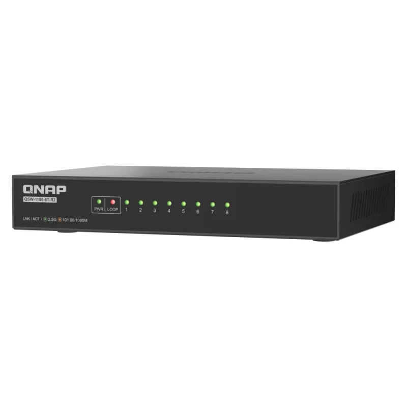 QNAP QSW-1108-8T-R2 μη διαχειριζόμενο switch δικτύου, 8x 2,5GbE RJ45 (10/100/1000/2500 Mbps), επιτραπέζιο, χωρίς ανεμιστήρα, μαύρο-γκρι