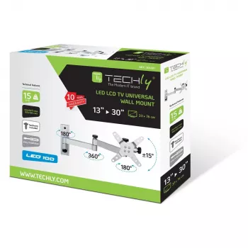 Techly ICA-LCD 104 βάση τοίχου για LCD 13–30 ιντσών, 3 αρθρώσεις, με κλίση και περιστροφή, έως 15 kg, VESA 75x75/100x100, ασημί