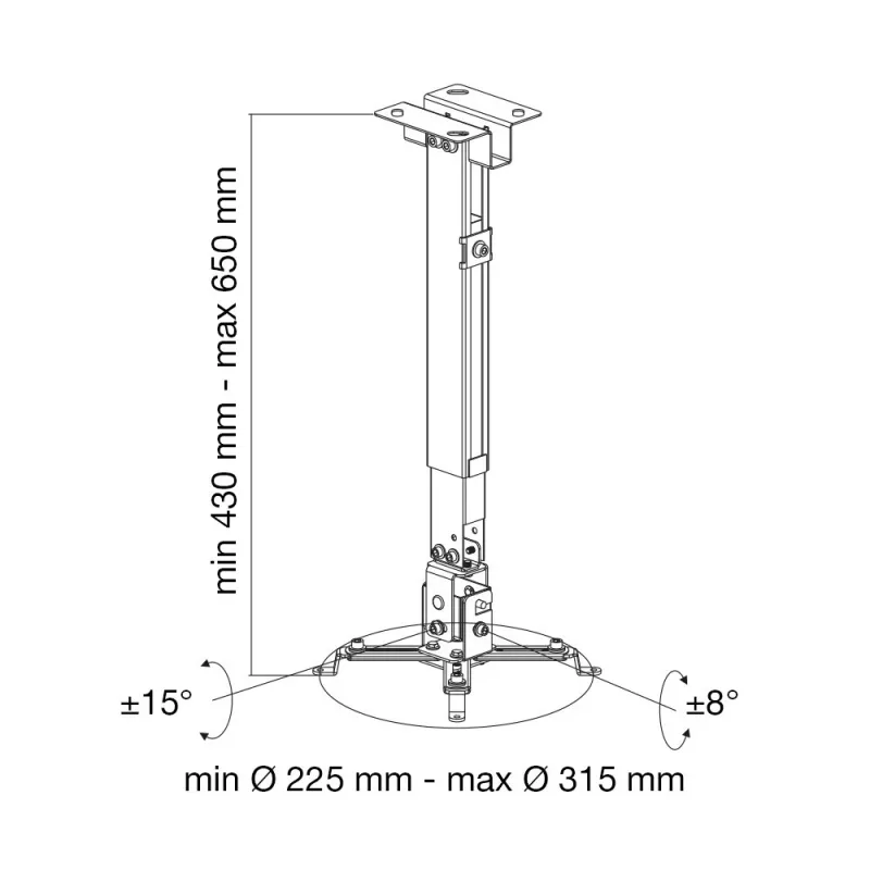 Techly ICA-PM 16 βάση οροφής προβολέα, έως 20 kg, ρυθμιζόμενη 43–65 cm, με κλίση και περιστροφή, ασημί