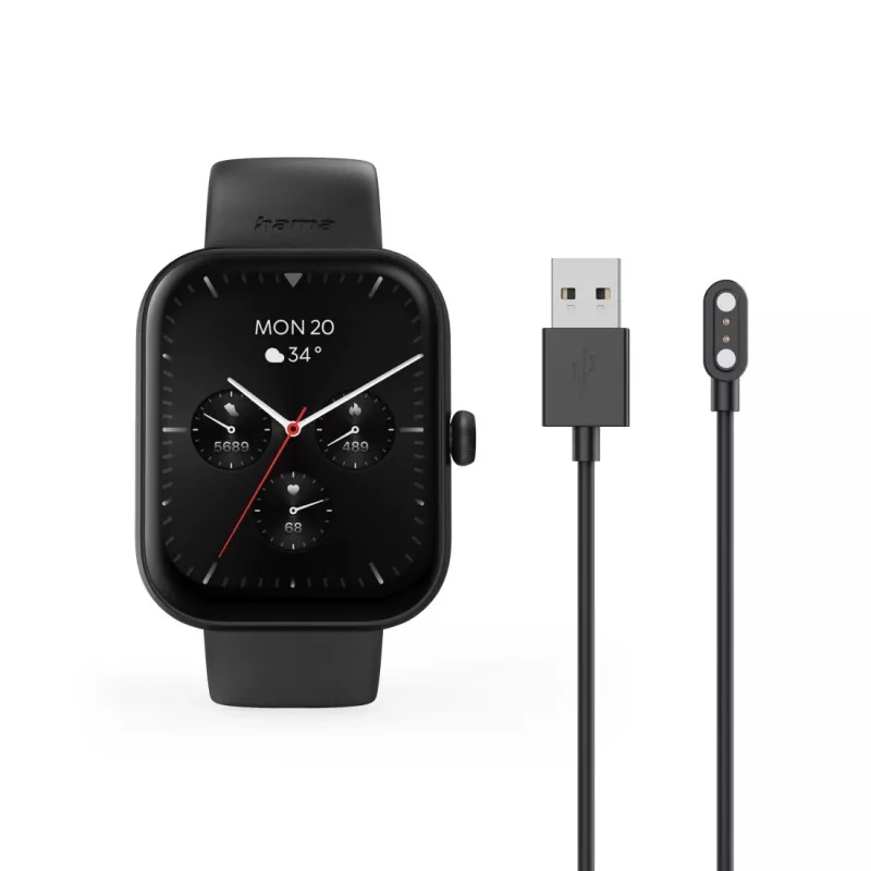Smartwatch Hama Fit Watch 5000, οθόνη TFT 1,65 ιντσών (4,19 cm), 47 mm, λειτουργία τηλεφώνου, καρδιακός ρυθμός, IP68, Bluetooth, μαύρο