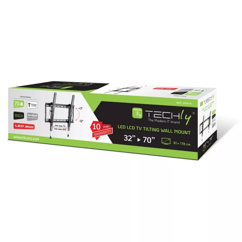 Techly ICA-PLB 59T επιτοίχια βάση τηλεόρασης 32-70 ιντσών (81-178 cm), με κλίση, 70 kg, λεπτή 49 mm, μαύρη
