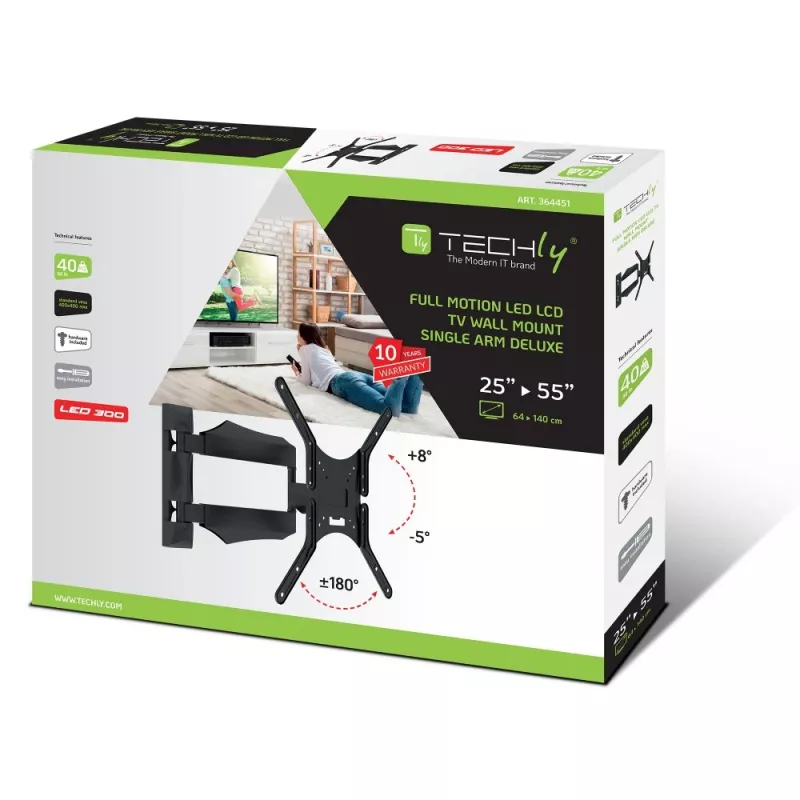 Techly ICA-PLB 271M επιτοίχια βάση τηλεόρασης 25-52 ιντσών, περιστρεφόμενη και με κλίση, λεπτή, 40 kg, μαύρη