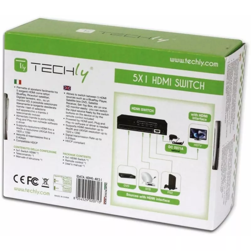 Techly 5 IN 1 OUT HDMI Switch με τηλεχειριστήριο, 4Kx2K, 3D IDATA HDMI-4K51
