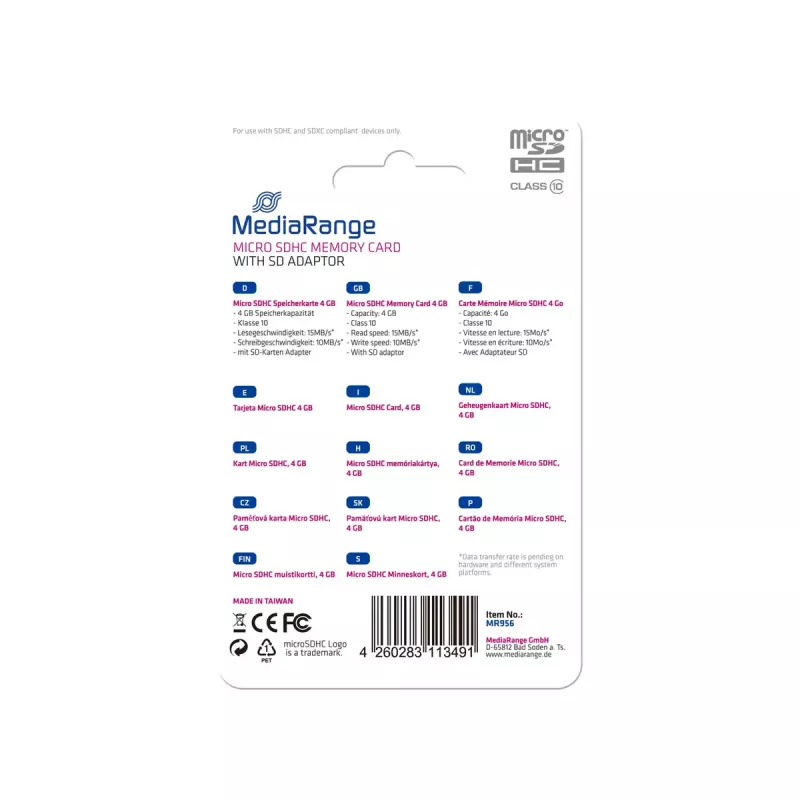 MediaRange 4 GB MicroSDHC Class 10 MR956 κάρτα μνήμης