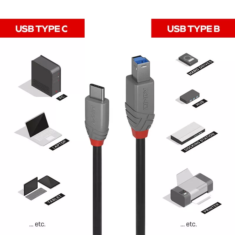 Lindy 2m καλώδιο USB 3.2 Type-C σε B, Anthra Line