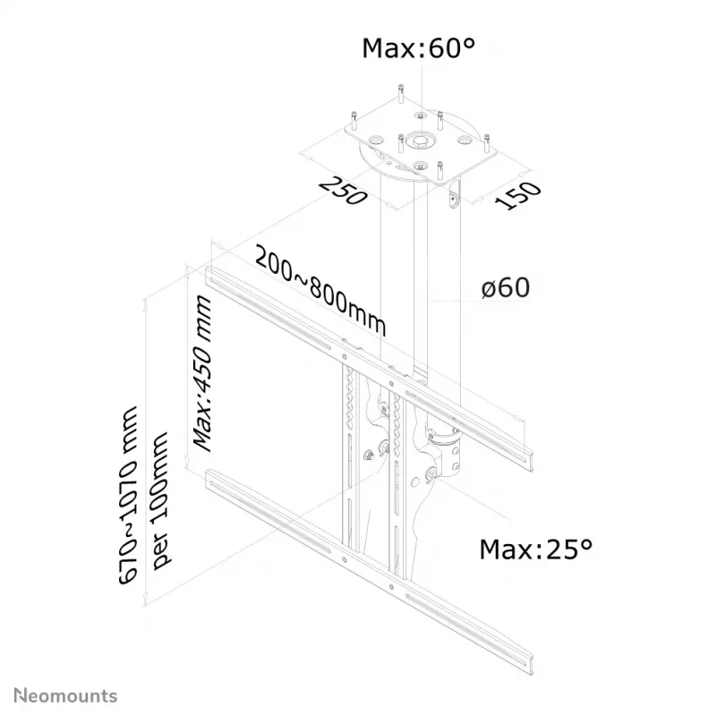 Neomounts PLASMA-C100 μαύρη οροφής οθόνης/τηλεόρασης 37-75 inch - Υ 67-107 cm