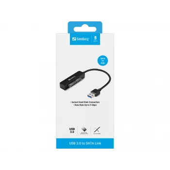 Sandberg USB 3.0 σε SATA Link, μαύρο, 5 Gbit/s, 20 g, 77 mm, 18 mm, 193 mm