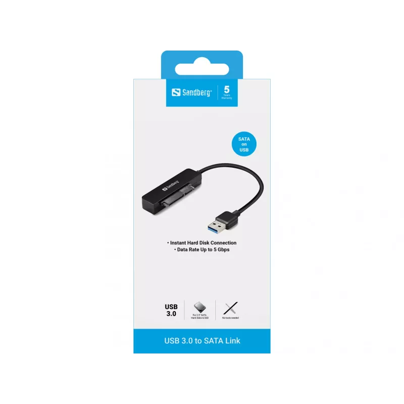Sandberg USB 3.0 σε SATA Link, μαύρο, 5 Gbit/s, 20 g, 77 mm, 18 mm, 193 mm