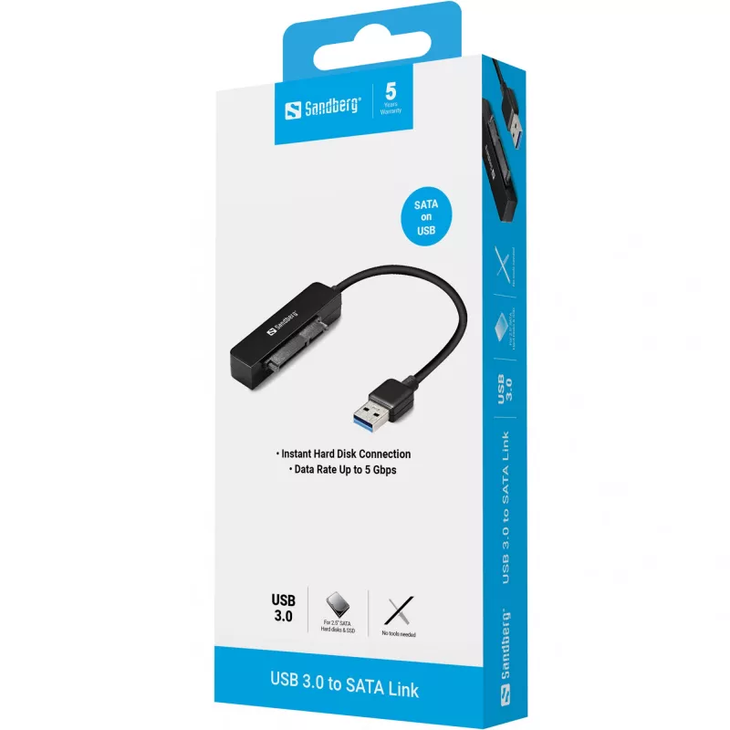 Sandberg USB 3.0 σε SATA Link, μαύρο, 5 Gbit/s, 20 g, 77 mm, 18 mm, 193 mm