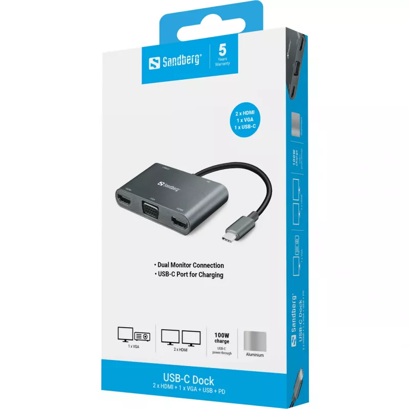 Sandberg USB-C Dock 2xHDMI+1xVGA+USB+PD