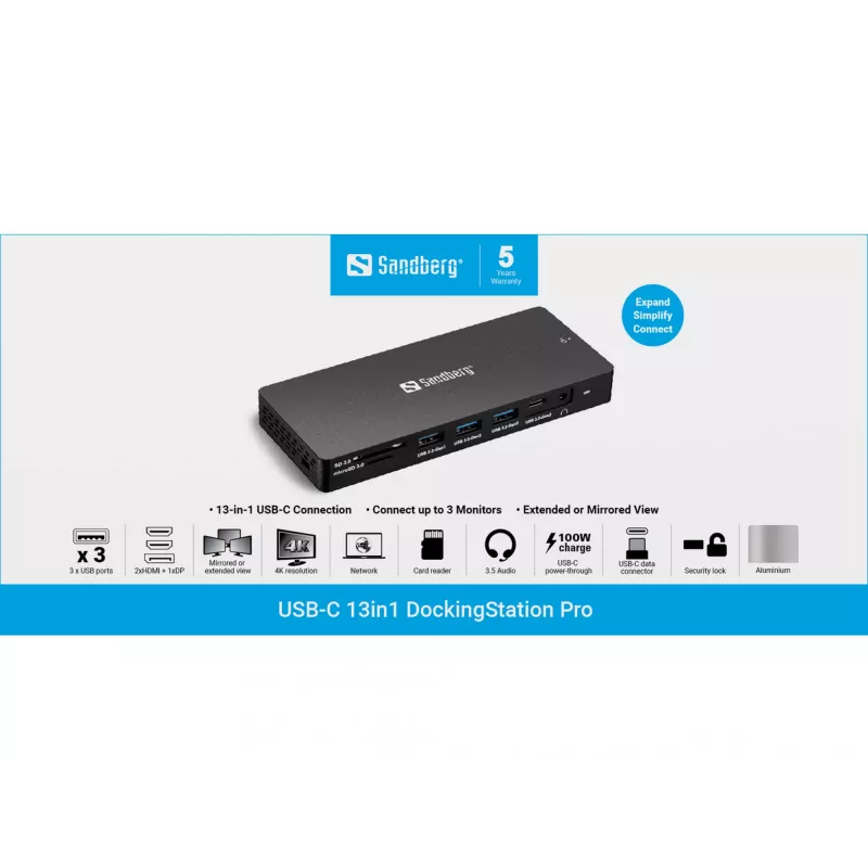 Sandberg 136-61 USB-C 13-in-1 Pro σταθμός σύνδεσης, 2x HDMI, DisplayPort, 3x USB 3.0, RJ45 1GbE, 100W PD