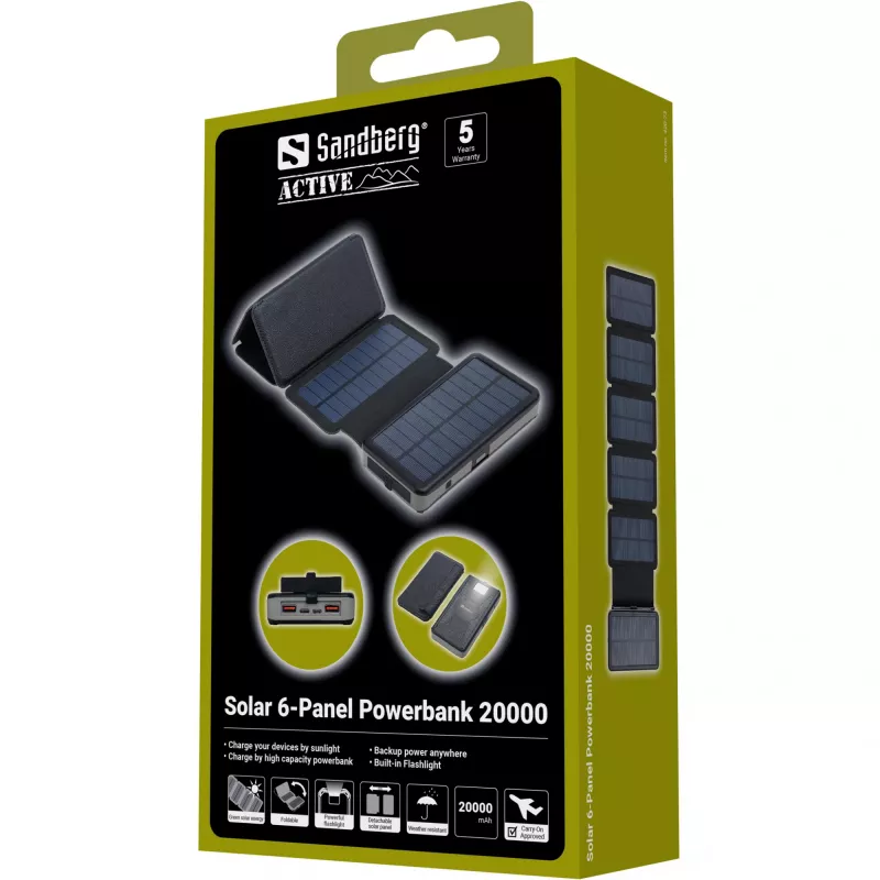 Powerbank Sandberg Solar 6-Panel 20000mAh πολυμερές λιθίου μαύρο