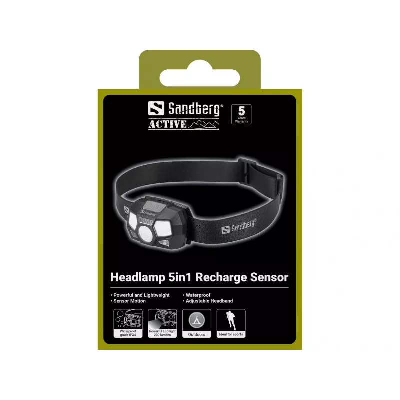 Φακός κεφαλής Sandberg 5in1 Recharge Sensor LED 200 lm μαύρο