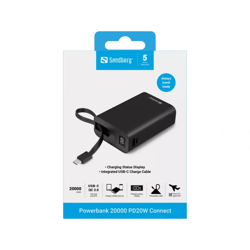 Φορητή μπαταρία Sandberg Powerbank 20000 PD20W Connect, 20000 mAh
