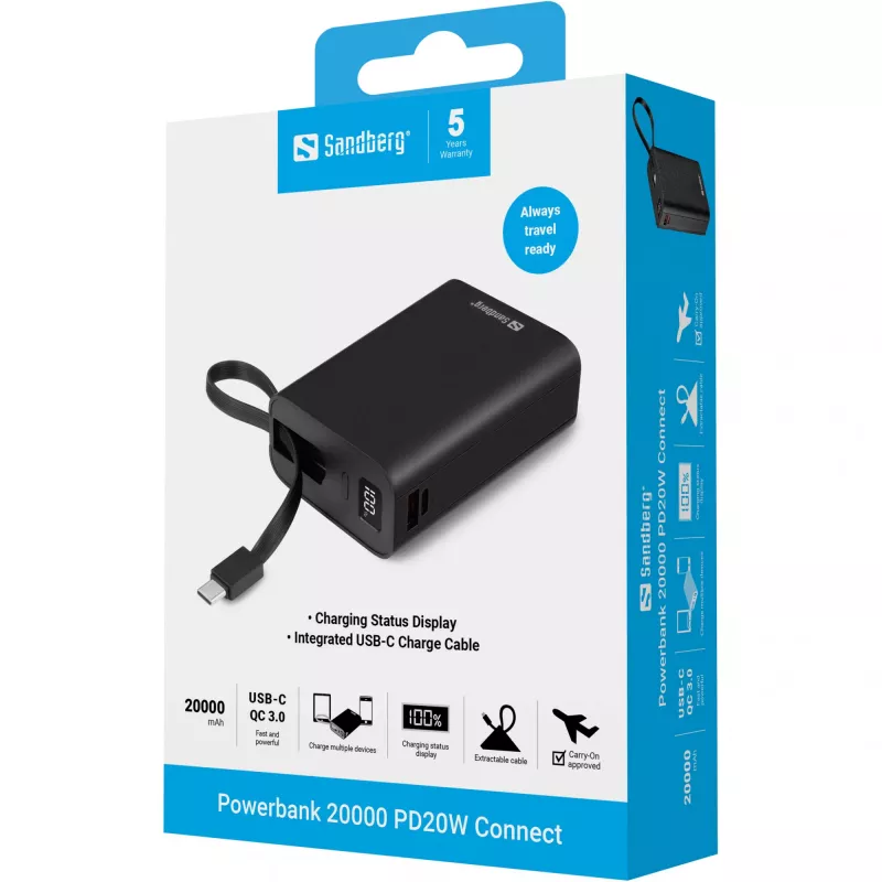 Φορητή μπαταρία Sandberg Powerbank 20000 PD20W Connect, 20000 mAh