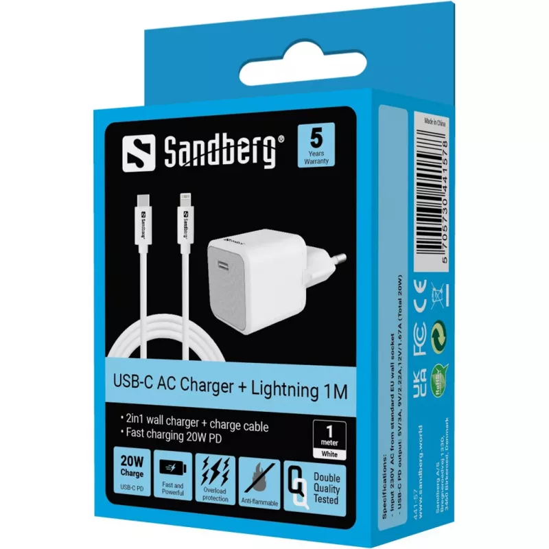 Φορτιστής AC Sandberg 20W USB-C + Lightning 1M ταχεία φόρτιση λευκό