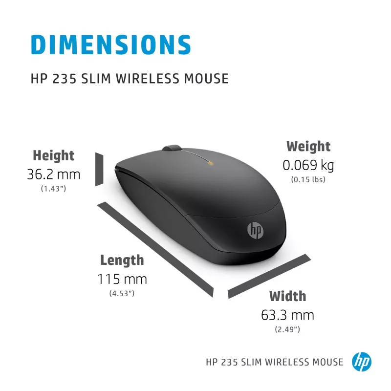 HP 235 ασύρματο ποντίκι, οπτικό, 3 πλήκτρα, 2,4 GHz, δέκτης USB, μαύρο