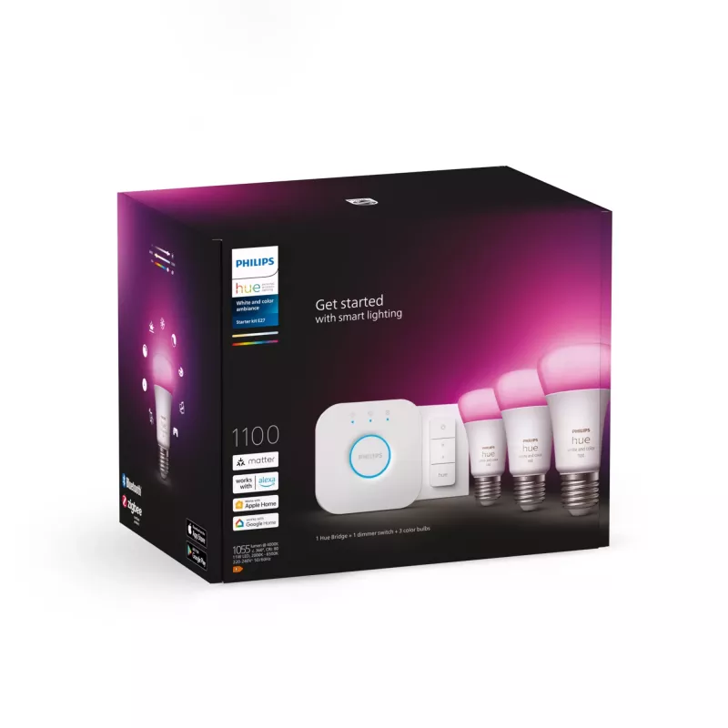 Smart-Lighting-Kit Philips Hue White and Colour Ambience Starterkit – 3× λαμπτήρες E27 11W, Bluetooth/Zigbee, Dimmer