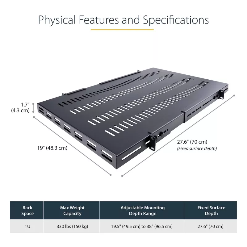 StarTech.com ADJSHELFHDV ρυθμιζόμενο αεριζόμενο ράφι 1U για rack διακομιστή, βαρέως τύπου, 150 kg, ρυθμιζόμενο βάθος τοποθέτησης 49,5–97,4 cm (19,5–38 ίντσες), 19 ιντσών, μαύρο