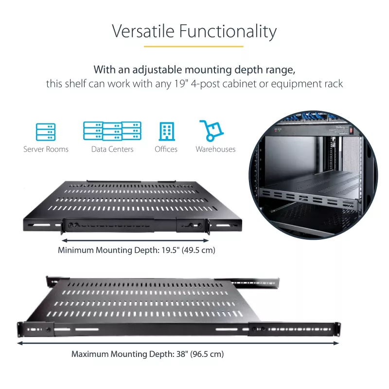 StarTech.com ADJSHELFHDV ρυθμιζόμενο αεριζόμενο ράφι 1U για rack διακομιστή, βαρέως τύπου, 150 kg, ρυθμιζόμενο βάθος τοποθέτησης 49,5–97,4 cm (19,5–38 ίντσες), 19 ιντσών, μαύρο