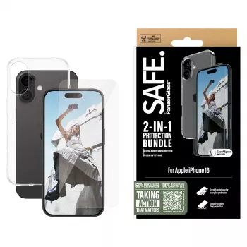 PanzerGlass SAFE. by ® 2-in-1 πακέτο προστασίας iPhone 16, Apple, Apple - iPhone 16, ξηρή εφαρμογή, ανθεκτικό στις γρατσουνιές, ανθεκτικό στους κραδασμούς, διαφανές, 1 τεμ.