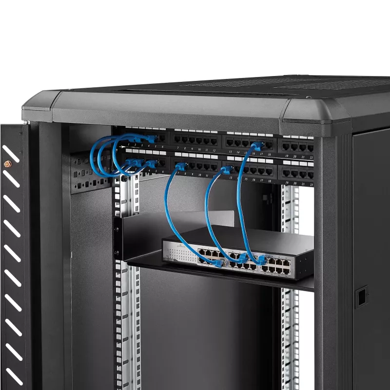 StarTech.com Ράφι τοποθέτησης για server rack 2U – Καθολικό ράφι προβόλου για rack δικτύου 19 ιντσών & ερμάρια – Χάλυβας υψηλής αντοχής – Φέρουσα ικανότητα 20 kg – Βάθος ραφιού 400 mm, Μαύρο