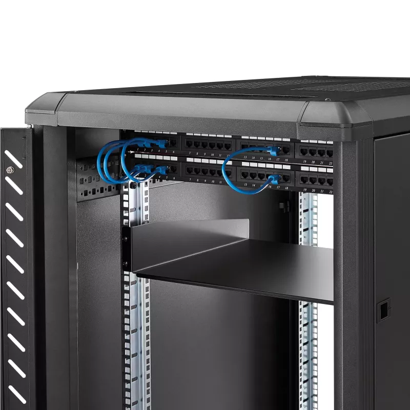 StarTech.com Ράφι τοποθέτησης για server rack 2U – Καθολικό ράφι προβόλου για rack δικτύου 19 ιντσών & ερμάρια – Χάλυβας υψηλής αντοχής – Φέρουσα ικανότητα 20 kg – Βάθος ραφιού 400 mm, Μαύρο