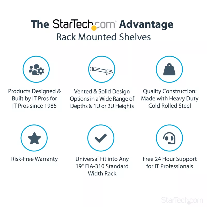StarTech.com Ράφι τοποθέτησης για server rack 2U – Καθολικό ράφι προβόλου για rack δικτύου 19 ιντσών & ερμάρια – Χάλυβας υψηλής αντοχής – Φέρουσα ικανότητα 20 kg – Βάθος ραφιού 400 mm, Μαύρο