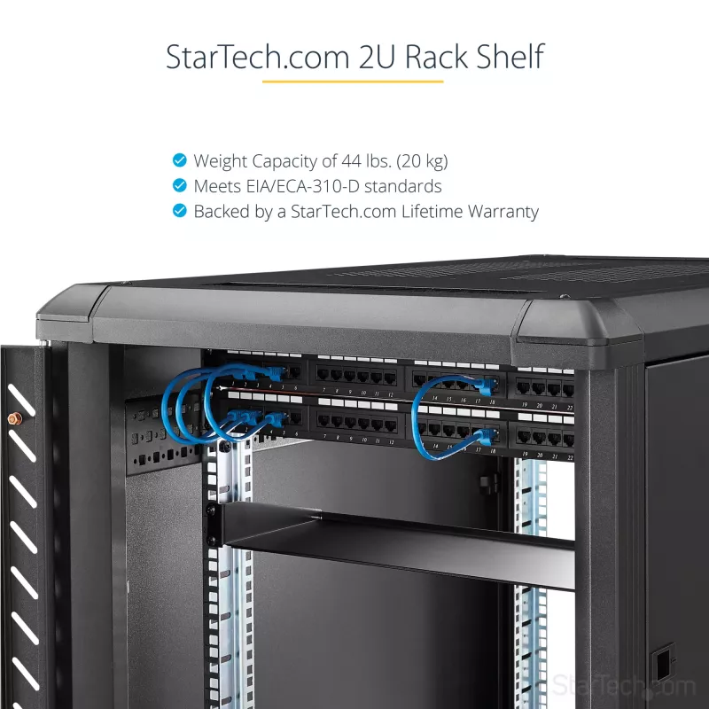 StarTech.com Ράφι τοποθέτησης για server rack 2U – Καθολικό ράφι προβόλου για rack δικτύου 19 ιντσών & ερμάρια – Χάλυβας υψηλής αντοχής – Φέρουσα ικανότητα 20 kg – Βάθος ραφιού 400 mm, Μαύρο