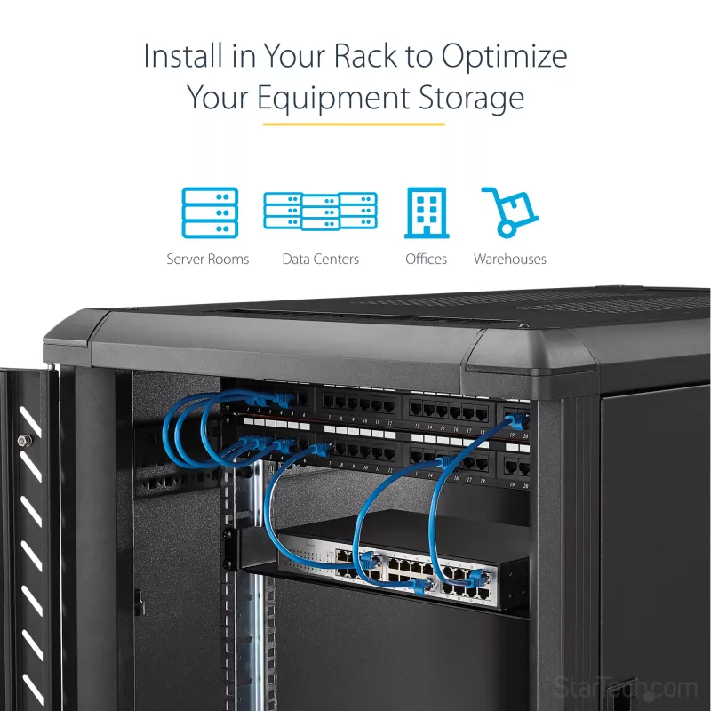 StarTech.com Ράφι τοποθέτησης για server rack 2U – Καθολικό ράφι προβόλου για rack δικτύου 19 ιντσών & ερμάρια – Χάλυβας υψηλής αντοχής – Φέρουσα ικανότητα 20 kg – Βάθος ραφιού 400 mm, Μαύρο