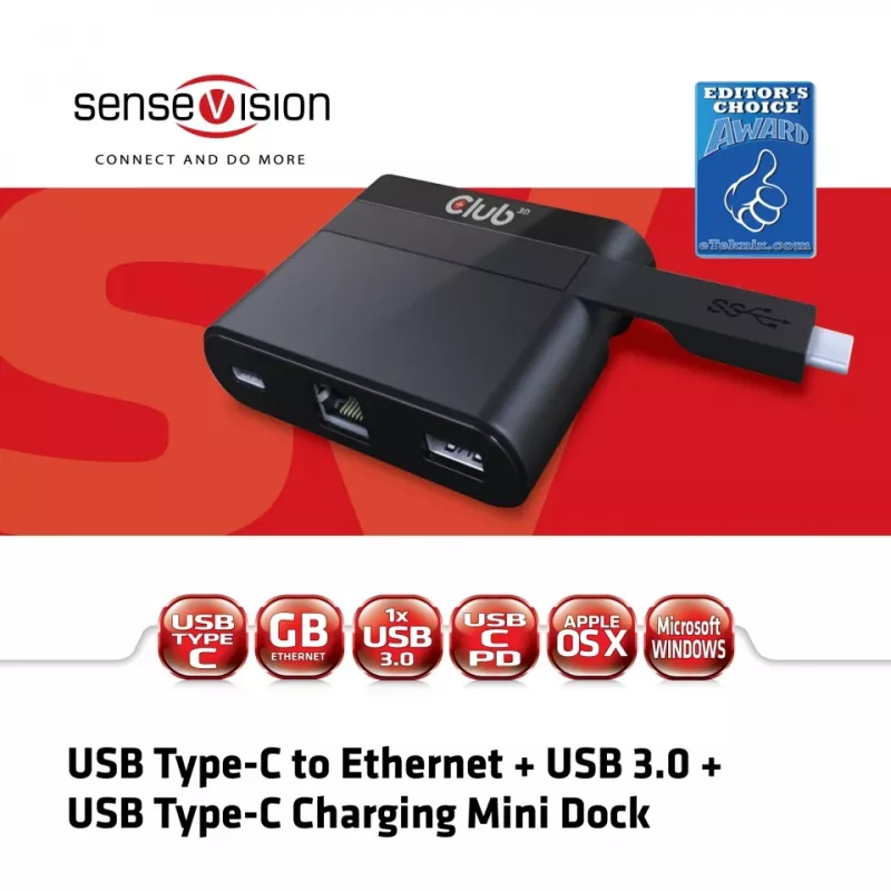 CLUB3D USB Type-C σε Ethernet + USB 3.0 + USB Type-C mini dock φόρτισης