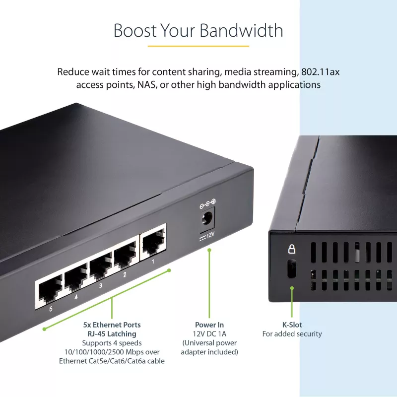 StarTech.com Μη διαχειριζόμενο Switch 2.5G – Switch Gigabit 5 θυρών – Μη διαχειριζόμενο Ethernet Switch 2.5GBASE-T – Ethernet Splitter – Τοποθέτηση σε ράγα DIN ή τοίχο – Multi-Gigabit – Auto-MDIX – 9K Jumbo