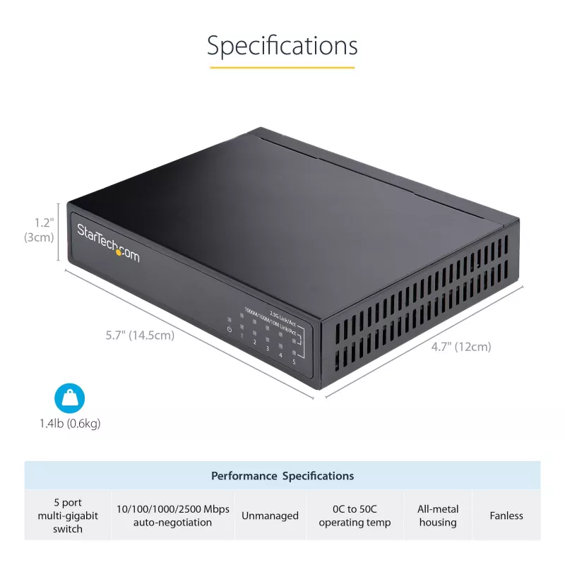 StarTech.com Μη διαχειριζόμενο Switch 2.5G – Switch Gigabit 5 θυρών – Μη διαχειριζόμενο Ethernet Switch 2.5GBASE-T – Ethernet Splitter – Τοποθέτηση σε ράγα DIN ή τοίχο – Multi-Gigabit – Auto-MDIX – 9K Jumbo