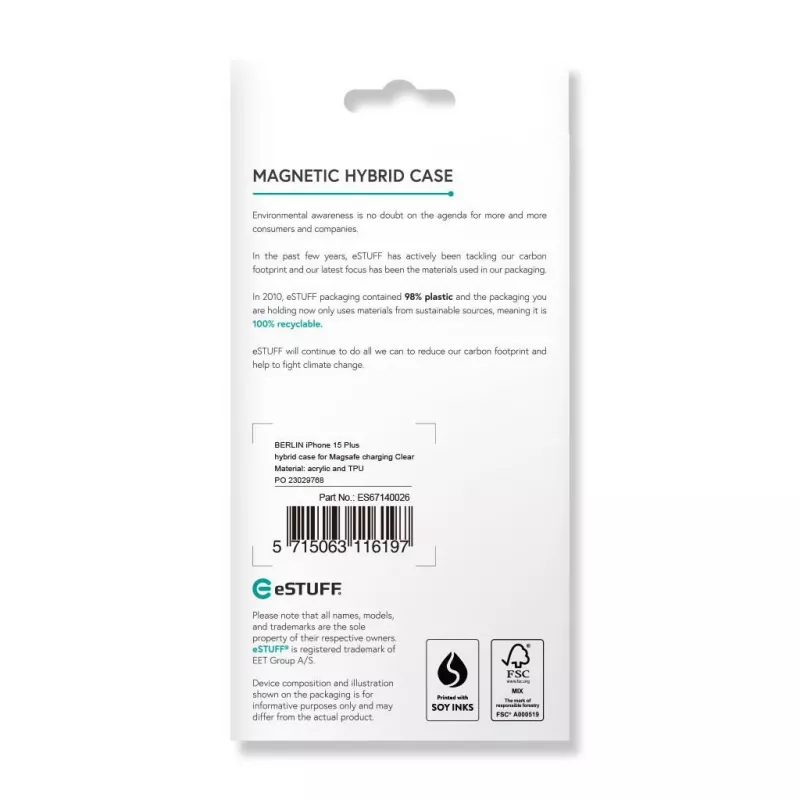 eSTUFF Berlin ES67140026 μαγνητική θήκη για iPhone 15 Plus, συμβατή με MagSafe, πολυανθρακικό, TPU, διαφανής