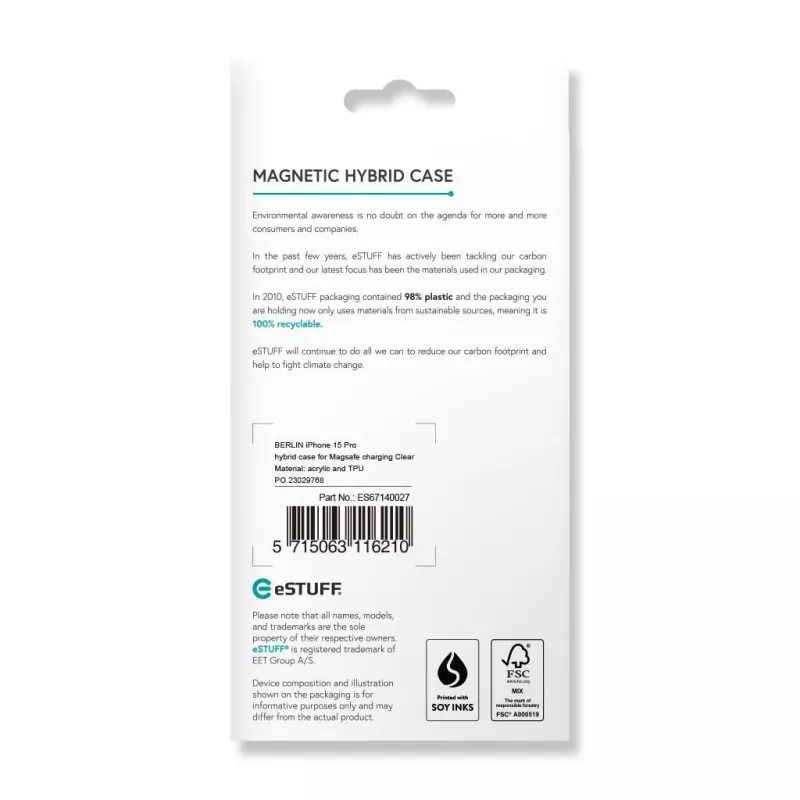 eSTUFF Berlin ES67140027 μαγνητική θήκη για iPhone 15 Pro, συμβατή με MagSafe, πολυανθρακικό, TPU, διαφανής