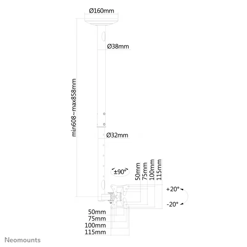 Neomounts FPMA-C050SILVER Βάση οροφής οθόνης/τηλεόρασης 10-30 ίντσες - H 60-85 cm