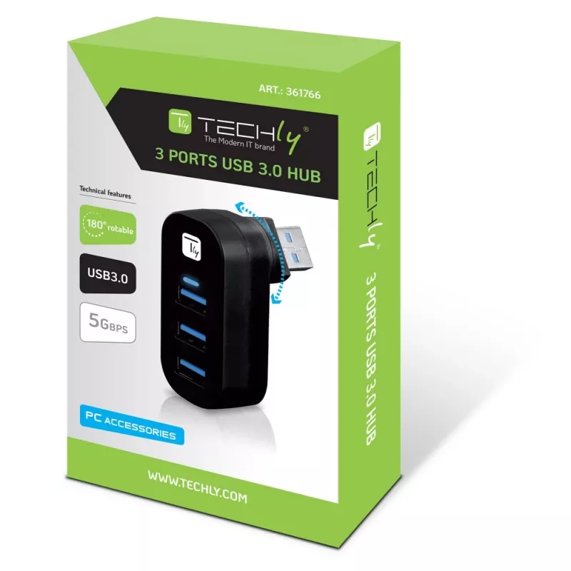 Techly IUSB3-HUB3-ROTB διανομέας USB 3.0 3 θυρών, περιστρεφόμενος βύσμα USB-A 180°, με καλώδιο, μαύρος