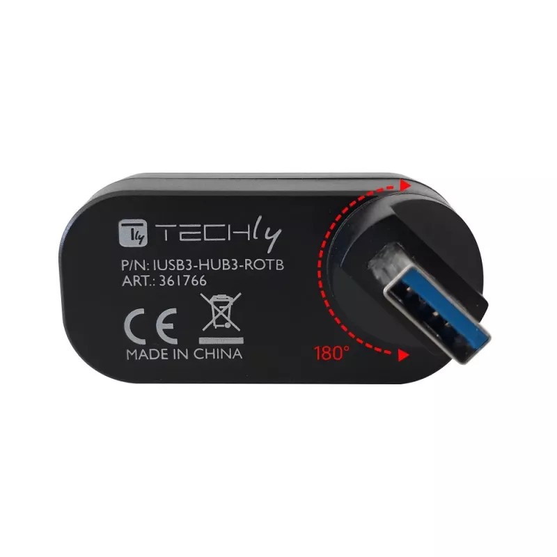 Techly IUSB3-HUB3-ROTB διανομέας USB 3.0 3 θυρών, περιστρεφόμενος βύσμα USB-A 180°, με καλώδιο, μαύρος