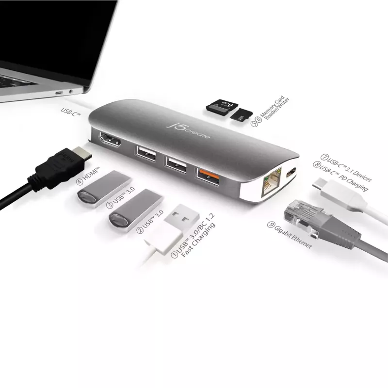 j5create JCD383 USB-C™ 9-in-1 Multi-Adapter, Ασημί και Λευκό