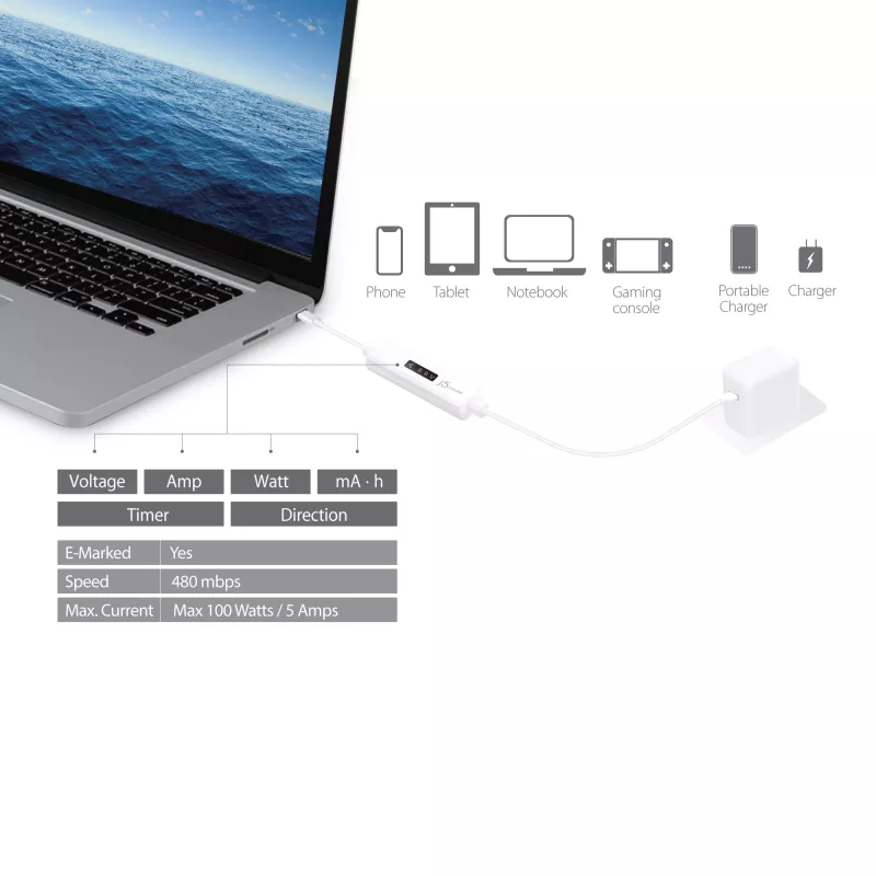 j5create JUCP14-N καλώδιο φόρτισης USB-C 2.0 σε USB-C με δυναμικό μετρητή ισχύος OLED