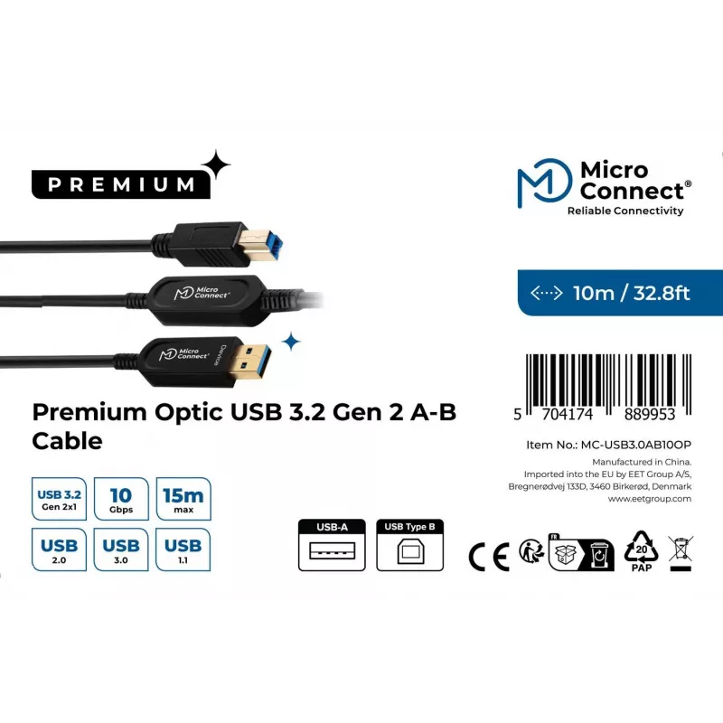 Microconnect MC-USB3.0AB10OP καλώδιο USB USB 3.2 Gen 2 (3.1 Gen 2) 10 m USB A USB B μαύρο