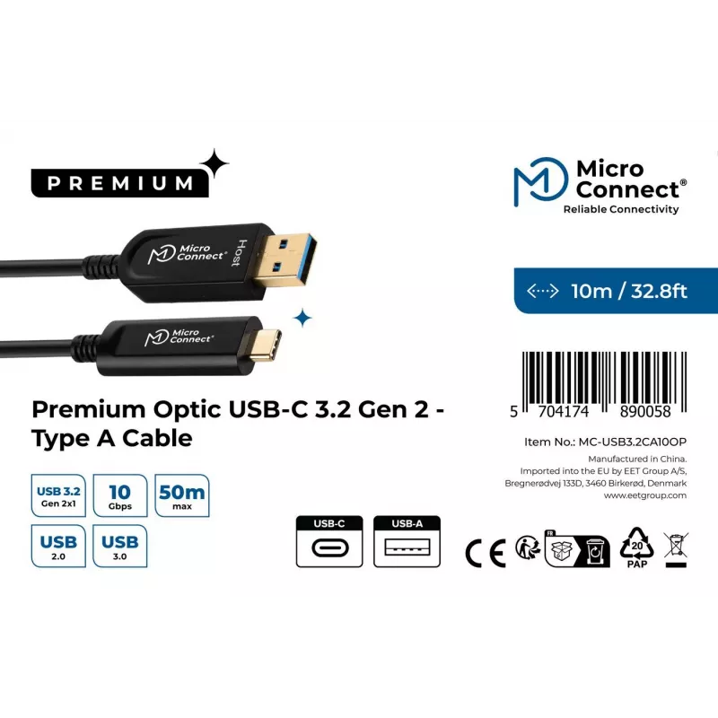 Microconnect MC-USB3.2CA10OP καλώδιο USB USB 3.2 Gen 2 (3.1 Gen 2) 10 m USB-A USB-C μαύρο