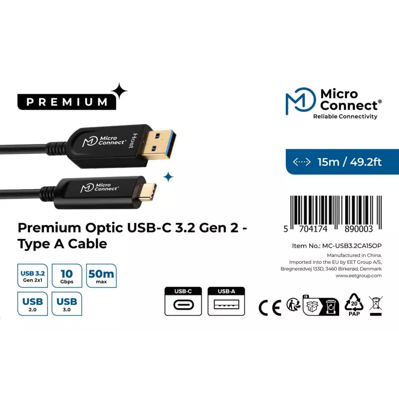 MicroConnect MC-USB3.2CA15OP οπτικό καλώδιο Premium Optic USB 3.2, USB-A σε USB-C, 15 m