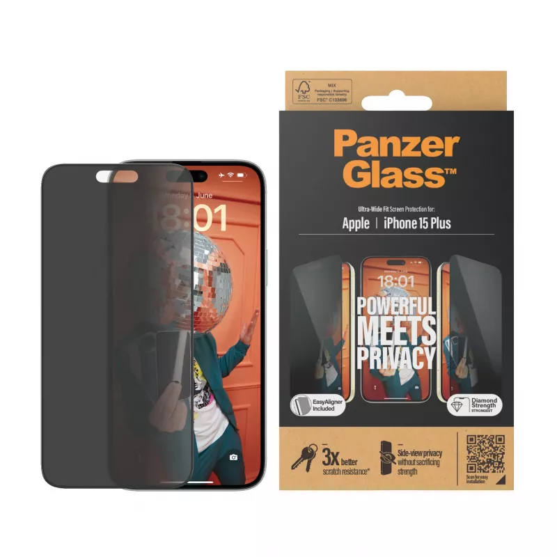 PanzerGlass ® Μεμβράνη προστασίας οθόνης Privacy iPhone 15 Plus | Ultra-Wide Fit με EasyAligner