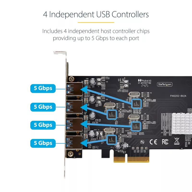 StarTech.com Κάρτα USB PCIe 4 θυρών, USB 3.2 5 Gbit/s, κάρτα επέκτασης PCI Express με 4 ανεξάρτητους ελεγκτές USB, 4 θύρες USB-A, Windows/macOS/Linux