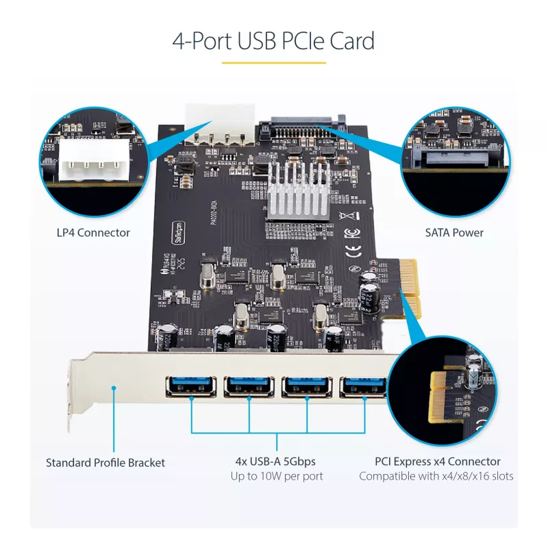StarTech.com Κάρτα USB PCIe 4 θυρών, USB 3.2 5 Gbit/s, κάρτα επέκτασης PCI Express με 4 ανεξάρτητους ελεγκτές USB, 4 θύρες USB-A, Windows/macOS/Linux