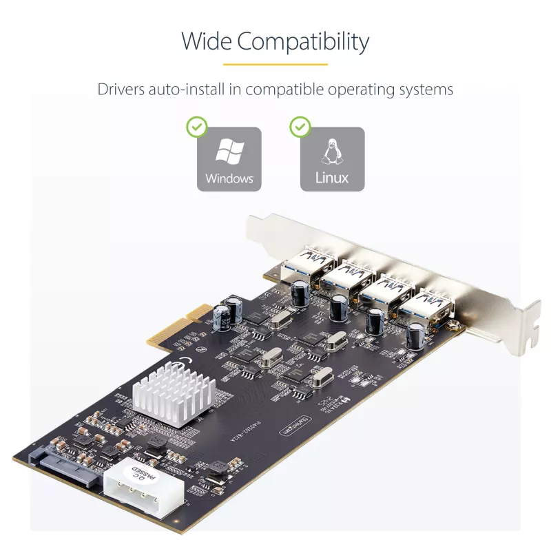 StarTech.com Κάρτα USB PCIe 4 θυρών, USB 3.2 5 Gbit/s, κάρτα επέκτασης PCI Express με 4 ανεξάρτητους ελεγκτές USB, 4 θύρες USB-A, Windows/macOS/Linux